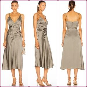 $448 Jonathan Simkhai Midi Dress Silk Hammered Satin Ruched Eucalyptus Green 6